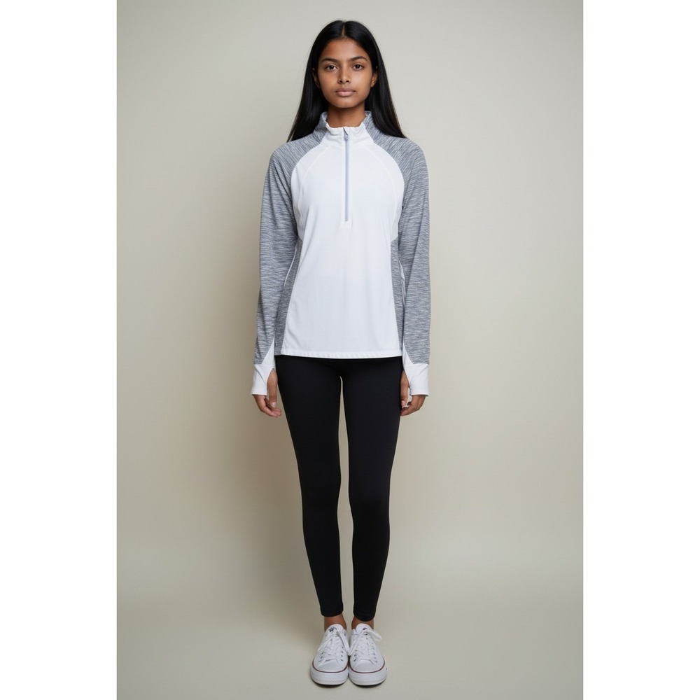 Danskin Now Shirt Womens White/Gray Long Sleeve Fitted Dri More Moisture Wicking